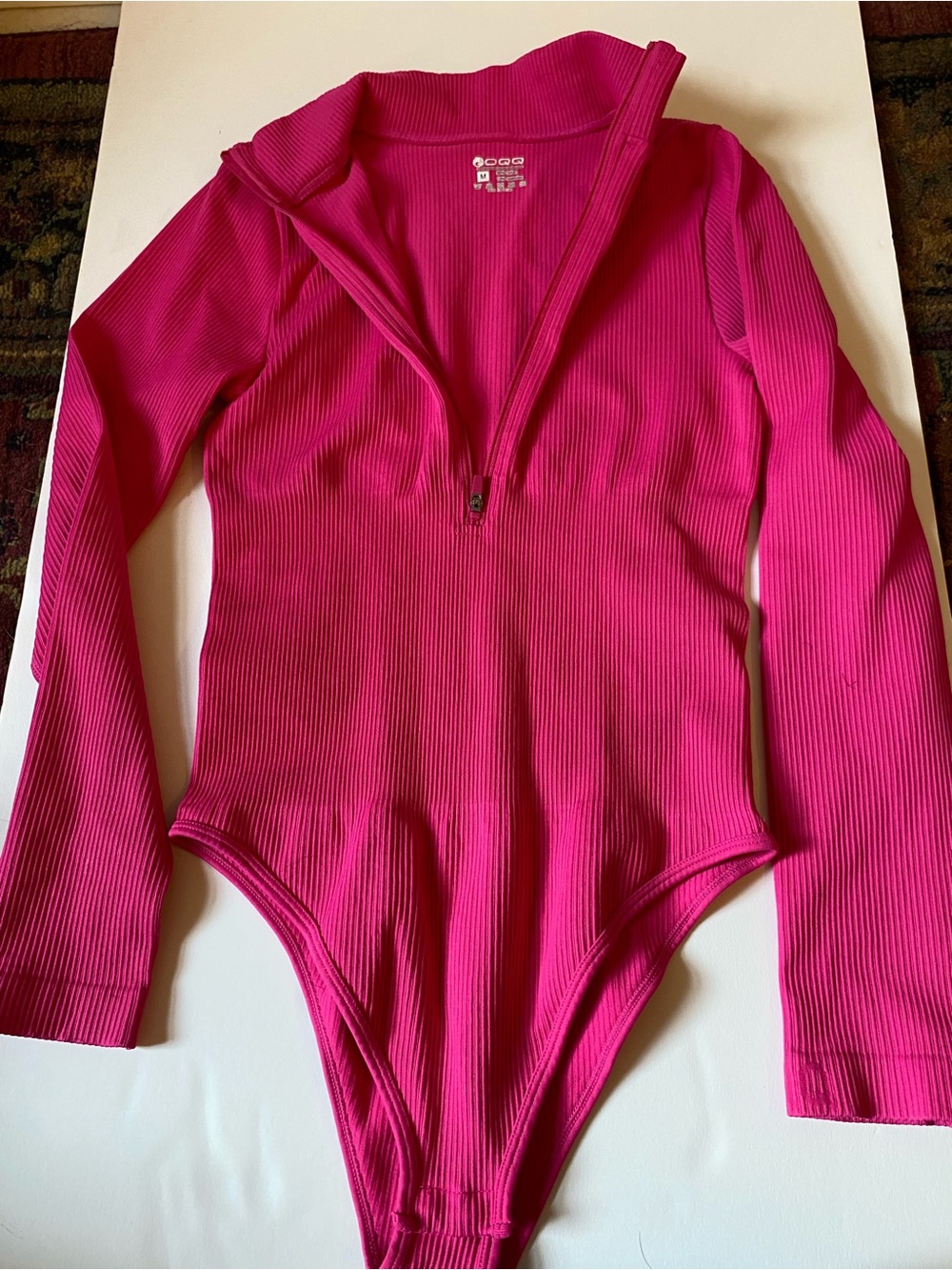OQQ Hot Pink Ribbed Zip Front Bodysuit Long Sleeve Size M